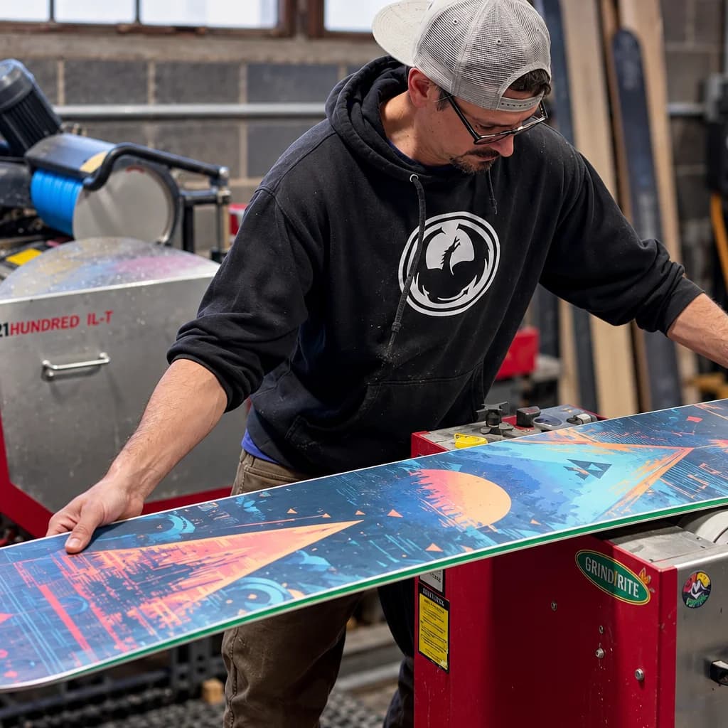 Technician grinding a snowboard edge, sparks flying off the base