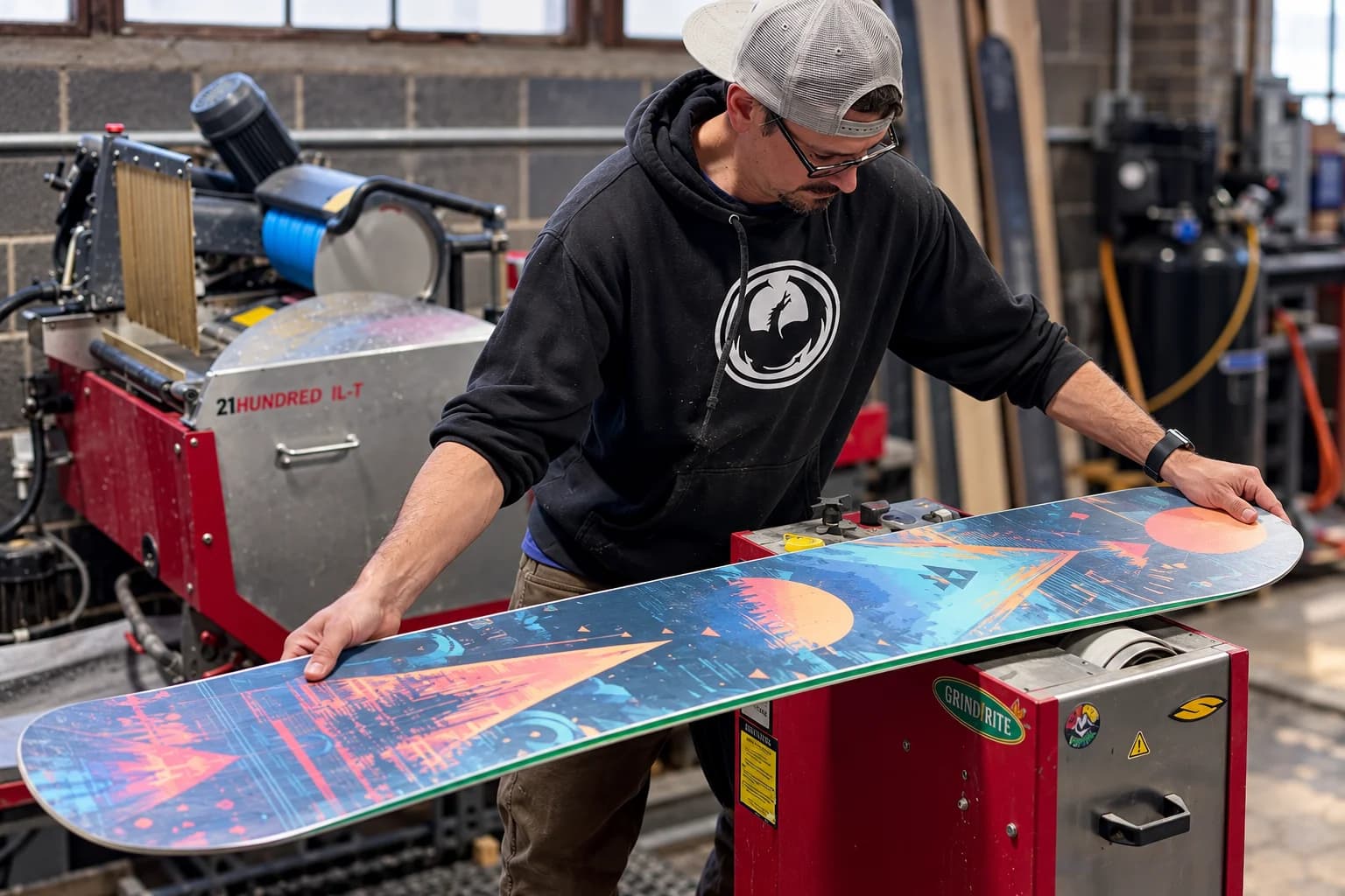Technician grinding a snowboard edge, sparks flying off the base